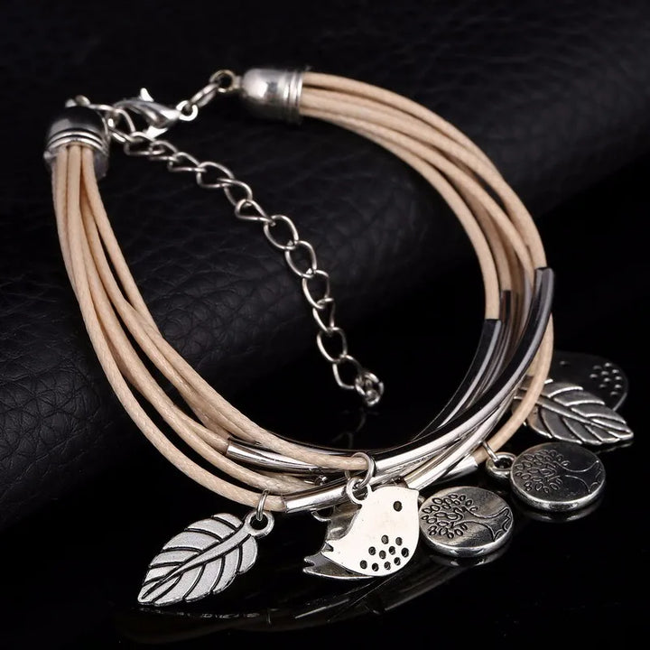 Layered Natural Leather Bracelet | Multi-Strand Women's Jewellery-BEIGE-Nora Luxe