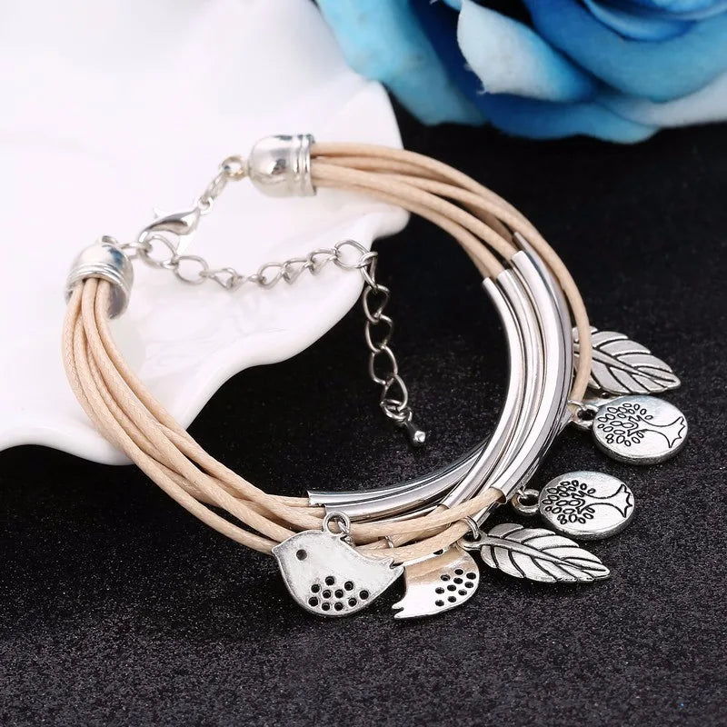 Layered Natural Leather Bracelet | Multi-Strand Women's Jewellery-BEIGE-Nora Luxe
