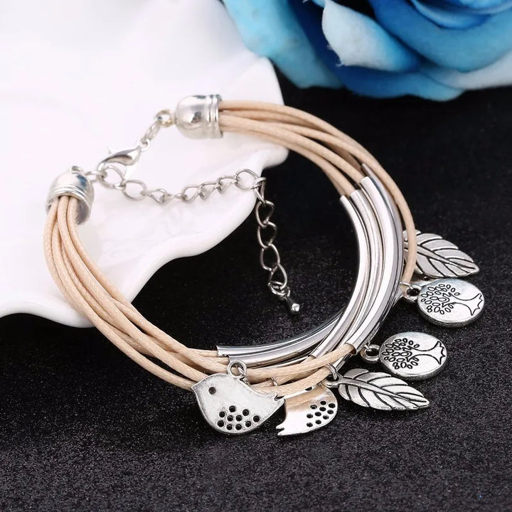 Layered Natural Leather Bracelet | Multi-Strand Women's Jewellery-BEIGE-Nora Luxe