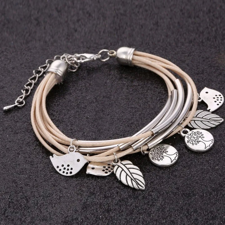 Layered Natural Leather Bracelet | Multi-Strand Women's Jewellery-BEIGE-Nora Luxe