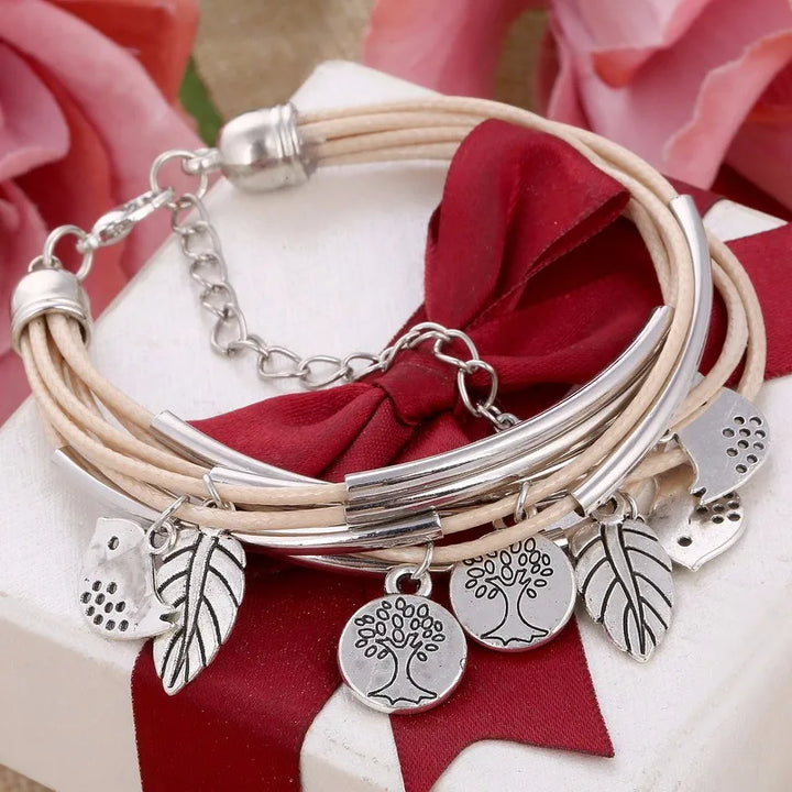 Layered Natural Leather Bracelet | Multi-Strand Women's Jewellery-BEIGE-Nora Luxe