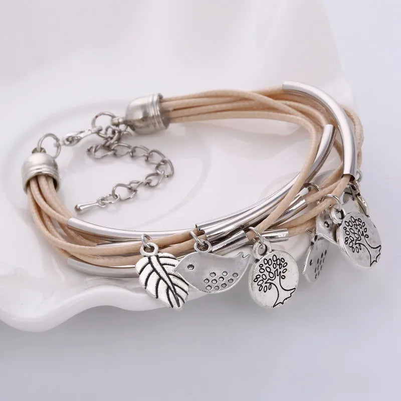 Layered Natural Leather Bracelet | Multi-Strand Women's Jewellery-BEIGE-Nora Luxe