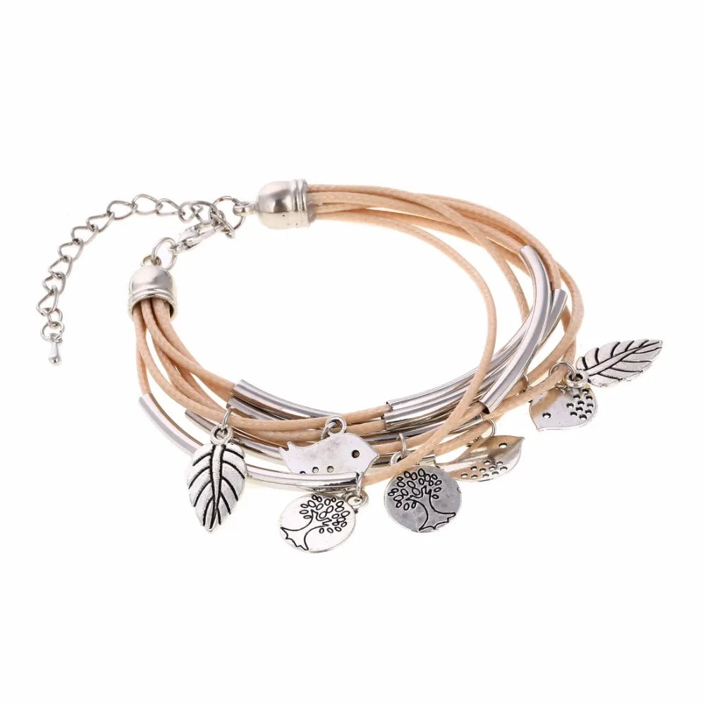 Layered Natural Leather Bracelet | Multi-Strand Women's Jewellery-BEIGE-Nora Luxe