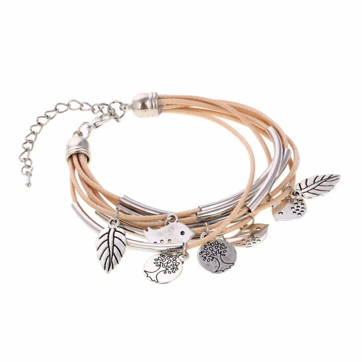 Layered Natural Leather Bracelet | Multi-Strand Women's Jewellery-BEIGE-Nora Luxe