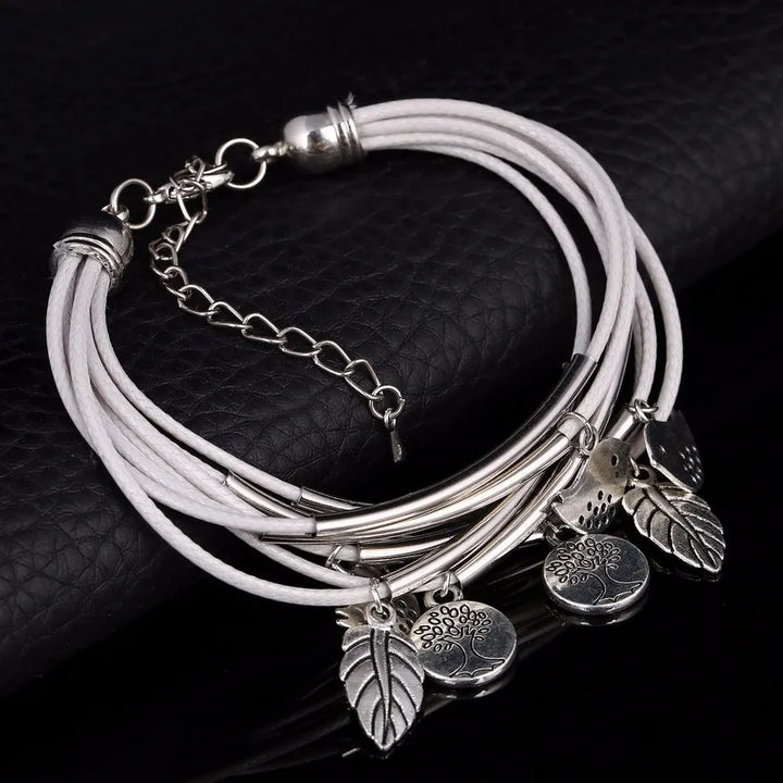 Layered Natural Leather Bracelet | Multi-Strand Women's Jewellery-BEIGE-Nora Luxe