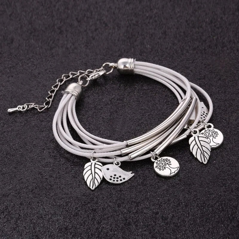 Layered Natural Leather Bracelet | Multi-Strand Women's Jewellery-BEIGE-Nora Luxe