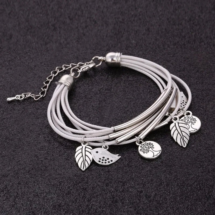 Layered Natural Leather Bracelet | Multi-Strand Women's Jewellery-BEIGE-Nora Luxe