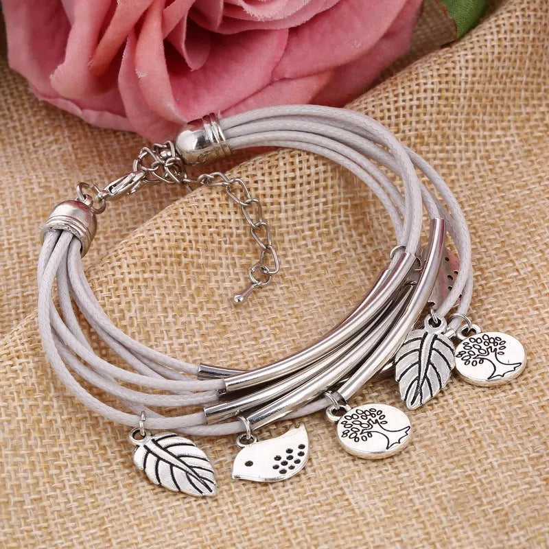 Layered Natural Leather Bracelet | Multi-Strand Women's Jewellery-BEIGE-Nora Luxe