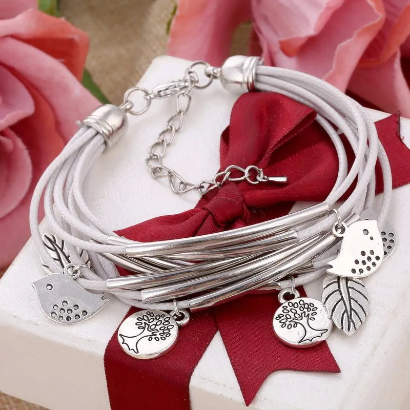 Layered Natural Leather Bracelet | Multi-Strand Women's Jewellery-BEIGE-Nora Luxe