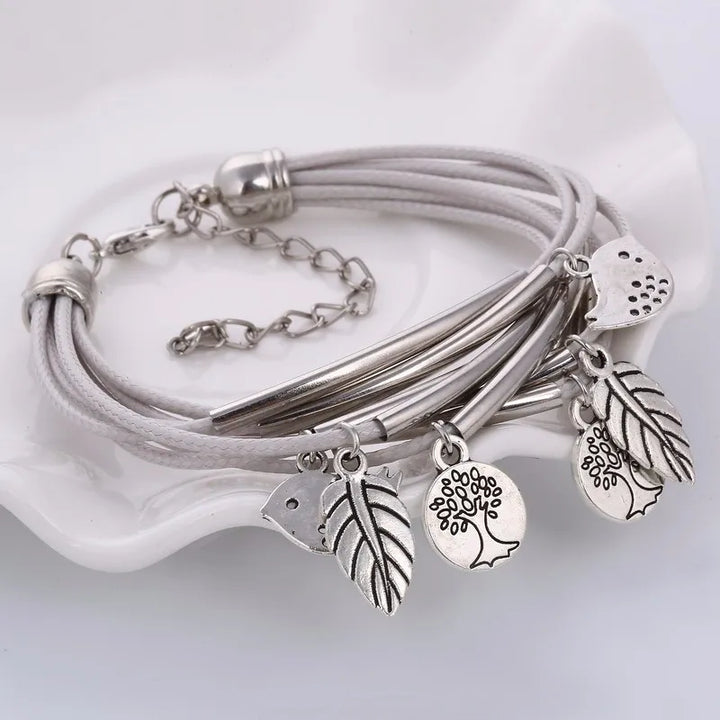 Layered Natural Leather Bracelet | Multi-Strand Women's Jewellery-BEIGE-Nora Luxe