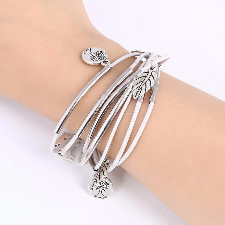 Layered Natural Leather Bracelet | Multi-Strand Women's Jewellery-BEIGE-Nora Luxe