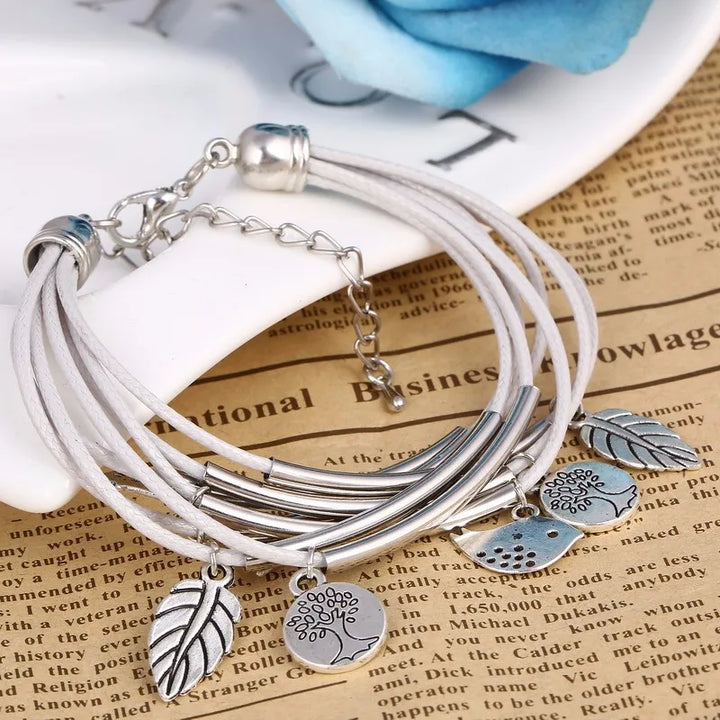 Layered Natural Leather Bracelet | Multi-Strand Women's Jewellery-BEIGE-Nora Luxe