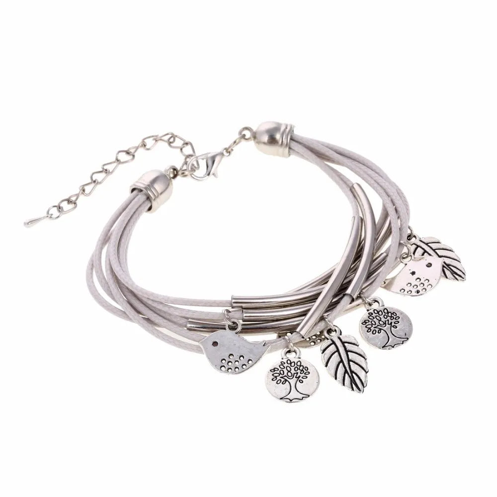 Layered Natural Leather Bracelet | Multi-Strand Women's Jewellery-BEIGE-Nora Luxe