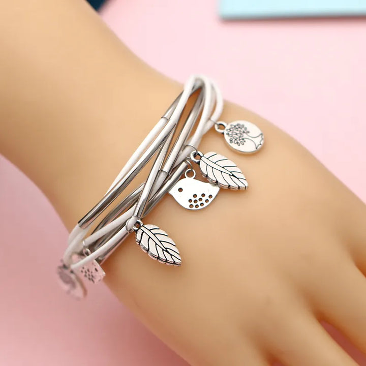 Layered Natural Leather Bracelet | Multi-Strand Women's Jewellery-BEIGE-Nora Luxe