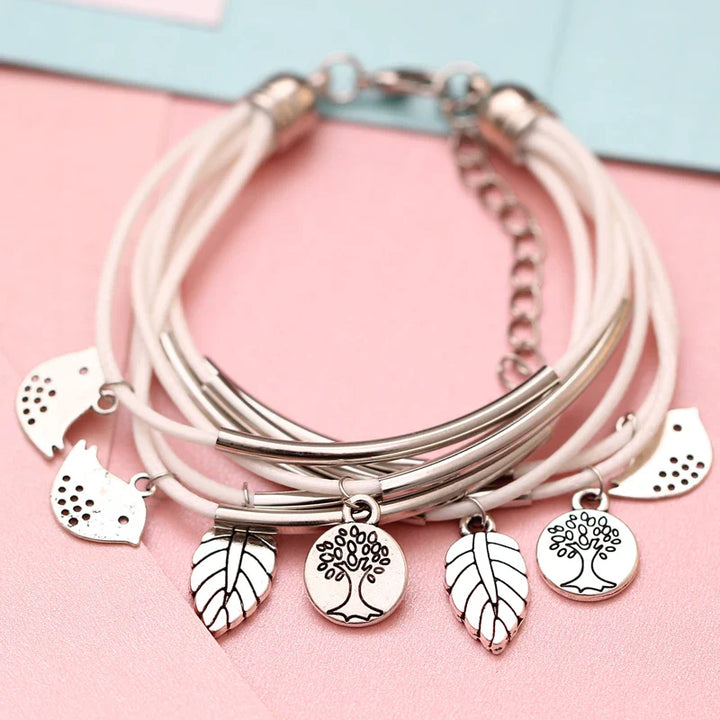 Layered Natural Leather Bracelet | Multi-Strand Women's Jewellery-BEIGE-Nora Luxe