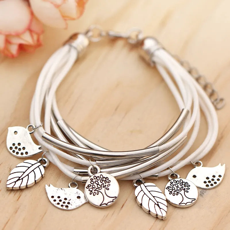 Layered Natural Leather Bracelet | Multi-Strand Women's Jewellery-BEIGE-Nora Luxe