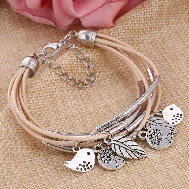 Layered Natural Leather Bracelet | Multi-Strand Women's Jewellery-BEIGE-Nora Luxe