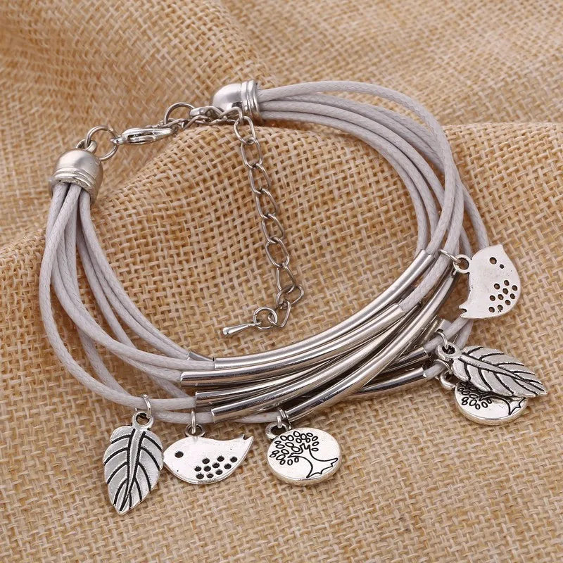 Layered Natural Leather Bracelet | Multi-Strand Women's Jewellery-GRAY-Nora Luxe
