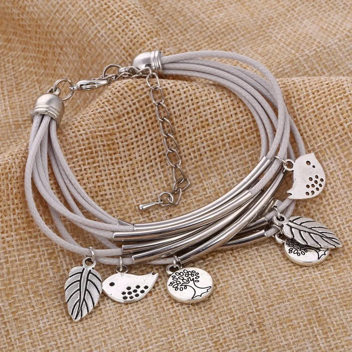 Layered Natural Leather Bracelet | Multi-Strand Women's Jewellery-GRAY-Nora Luxe