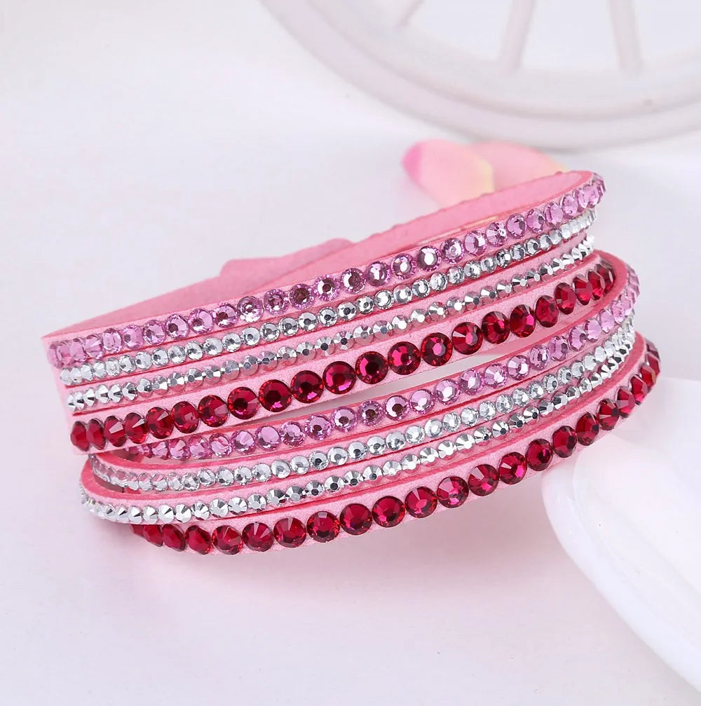 Layered Rhinestone Wrap Bracelet-PINK-Nora Luxe