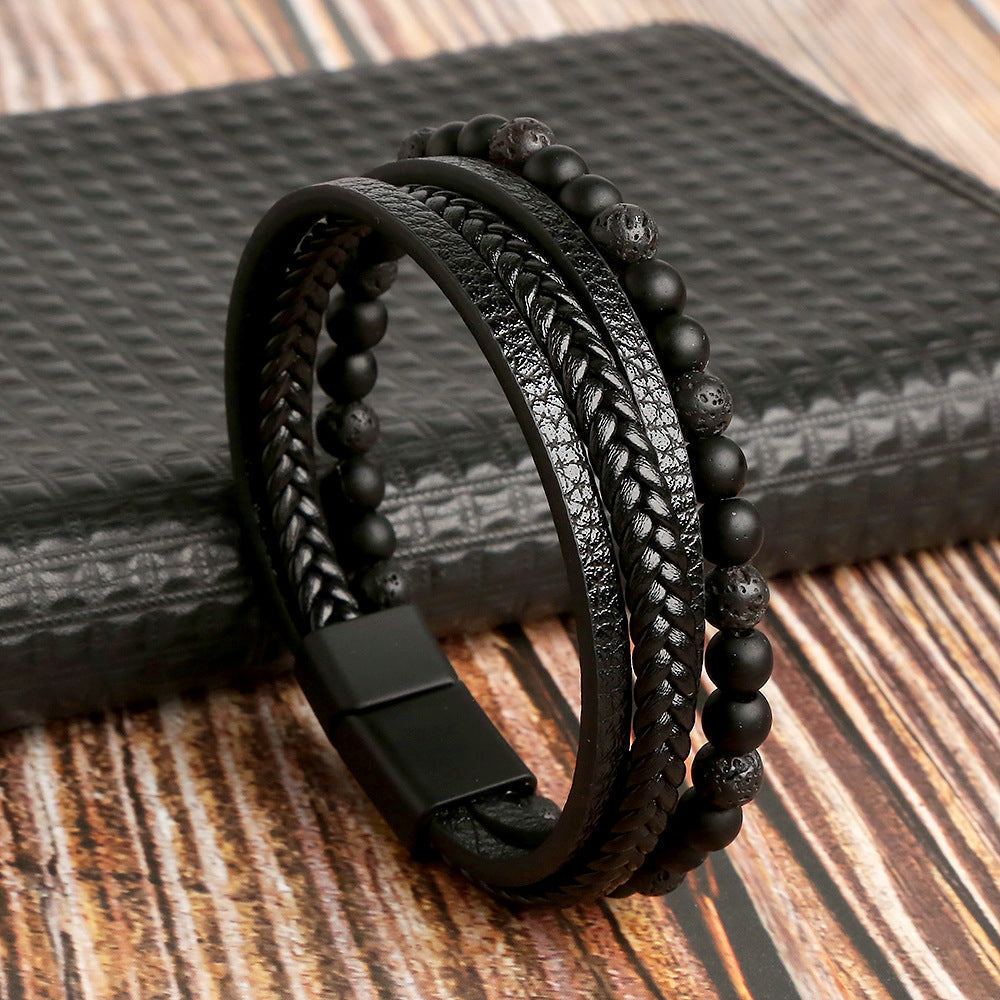 Leather Men's Bracelet Set - Armand-Black-M (7.48 inches)-Nora Luxe