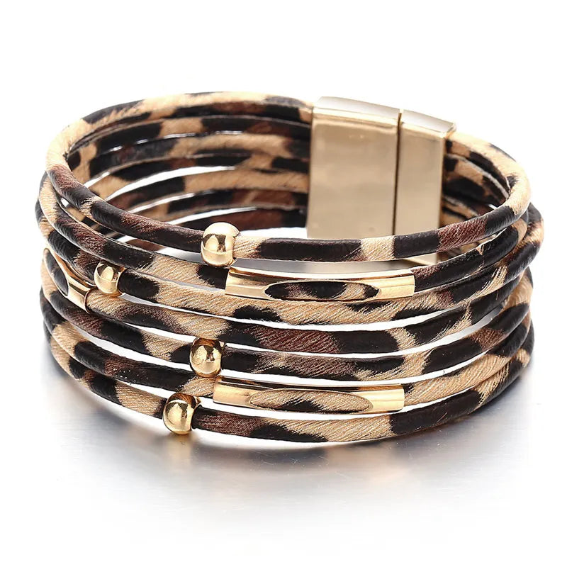 Leopard Leather Bracelet | Multi-Layer Fashion Jewellery-Nora Luxe