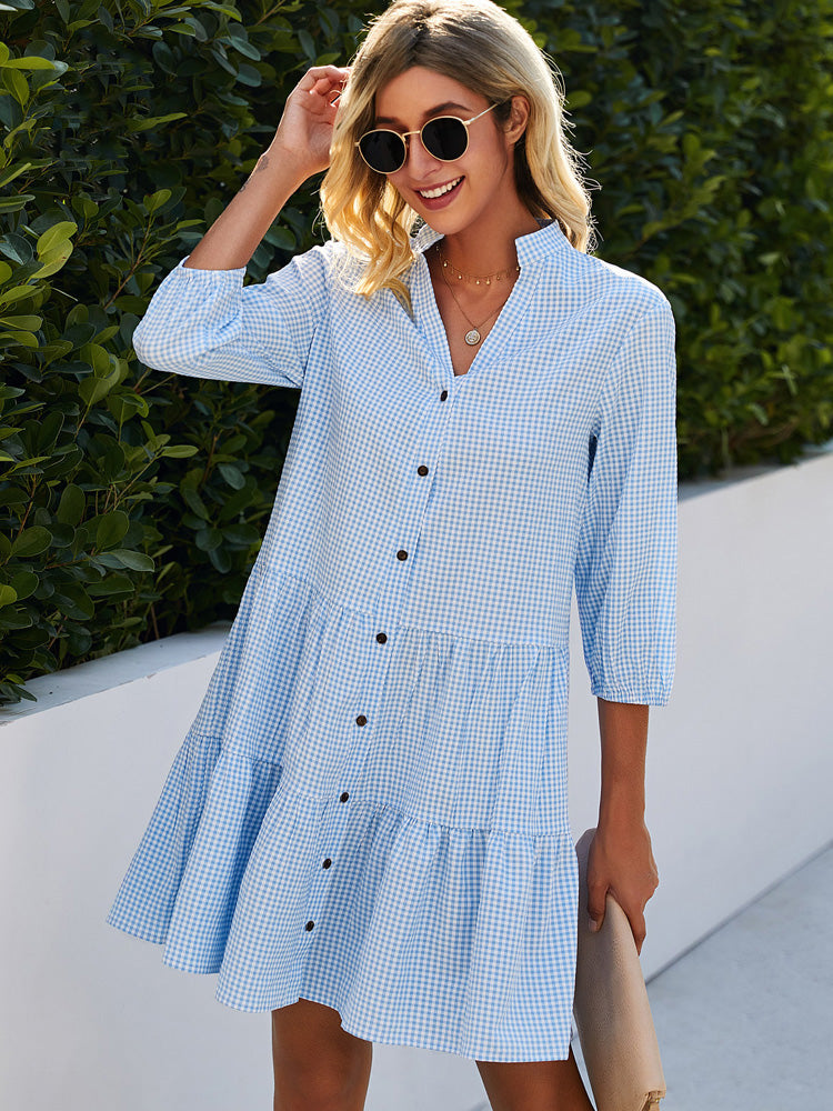 Light Blue Checked Summer Dress - SkyBreeze-S-Nora Luxe