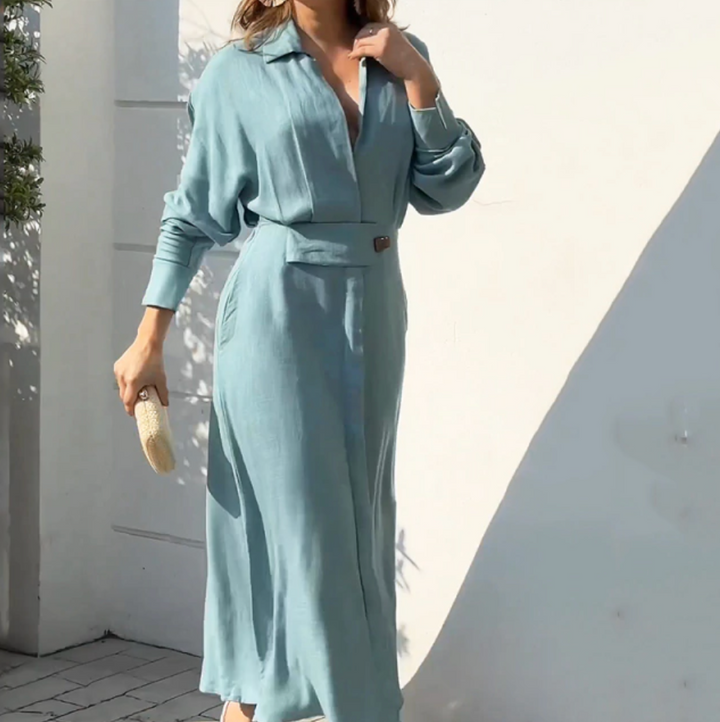 Light Blue Summer Dress with Waist Ribbon and Long Sleeves – Fay-XS-State of Style