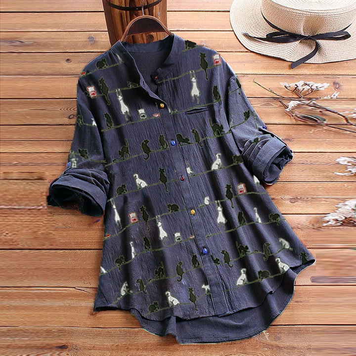 Light ladies' blouse with cat motif & button placket - Kaja-Black-S-Nora Luxe