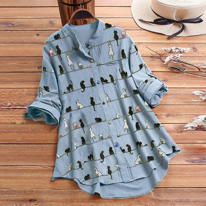 Light ladies' blouse with cat motif & button placket - Kaja-Blue-S-Nora Luxe