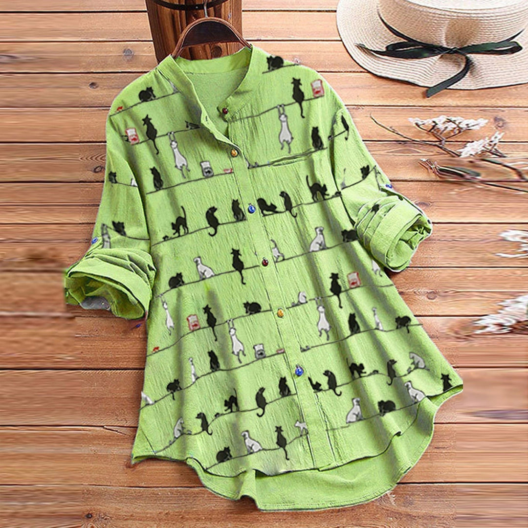 Light ladies' blouse with cat motif & button placket - Kaja-Green-S-Nora Luxe