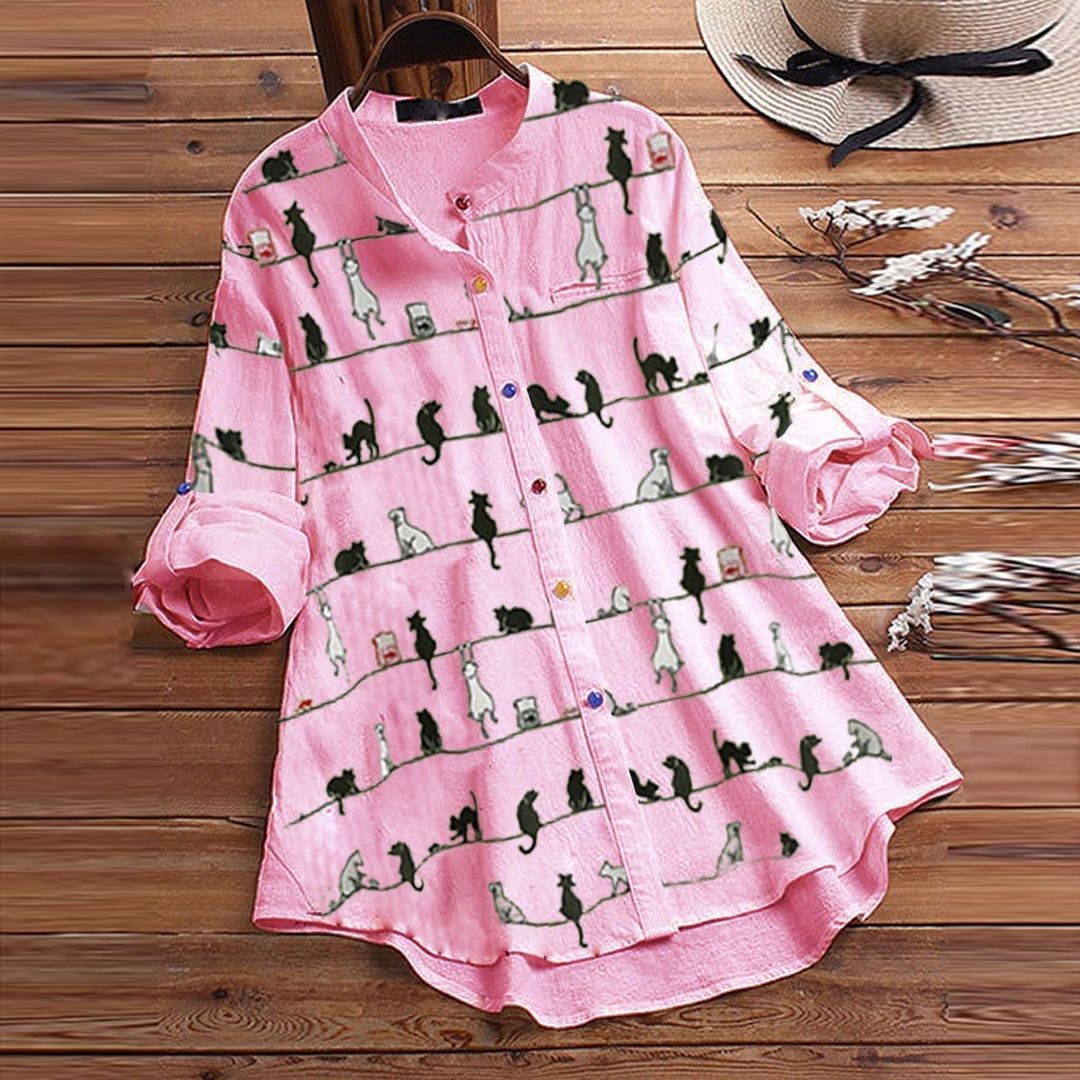 Light ladies' blouse with cat motif & button placket - Kaja-Pink-S-Nora Luxe