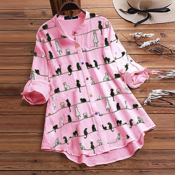 Light ladies' blouse with cat motif & button placket - Kaja-Pink-S-Nora Luxe