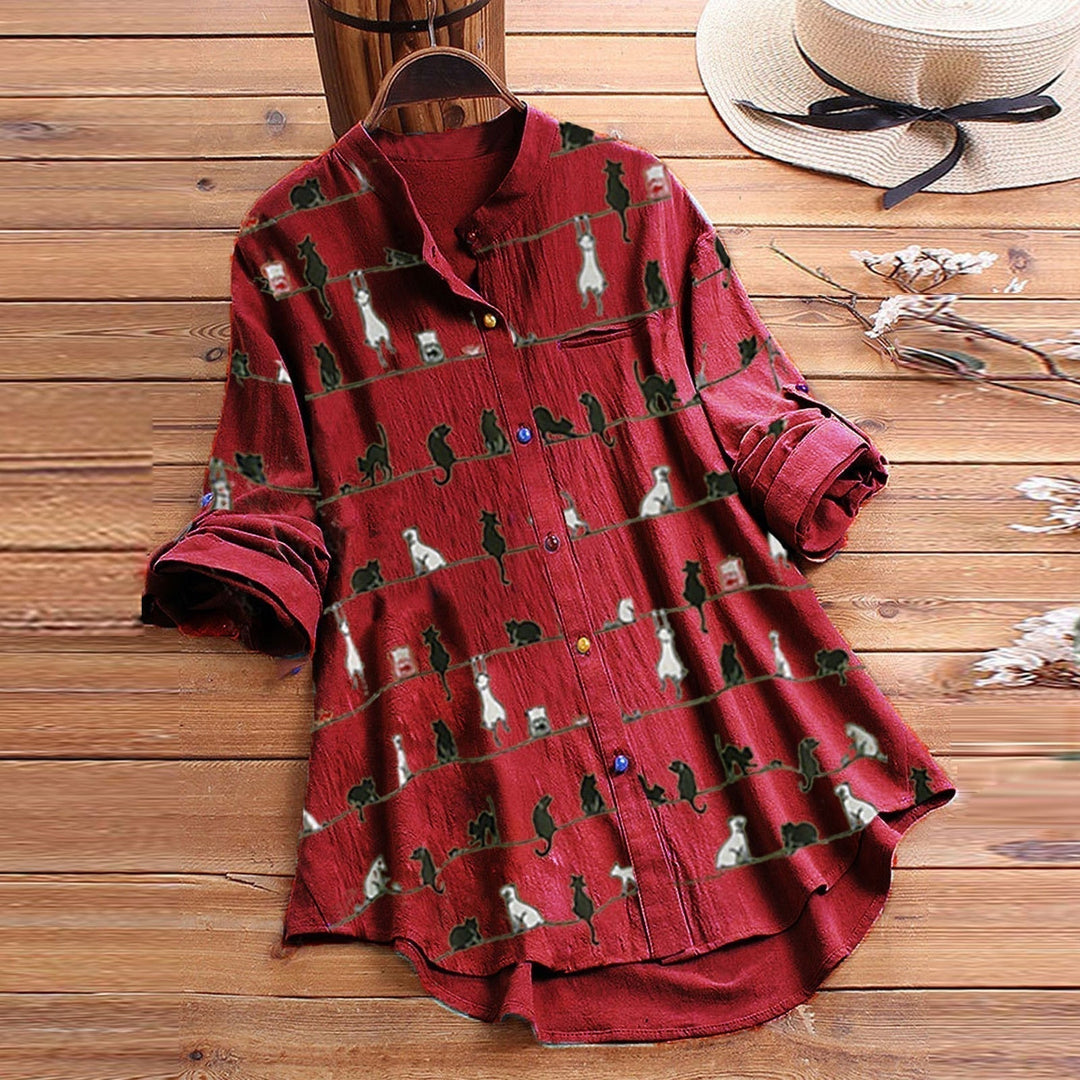 Light ladies' blouse with cat motif & button placket - Kaja-Red-S-Nora Luxe