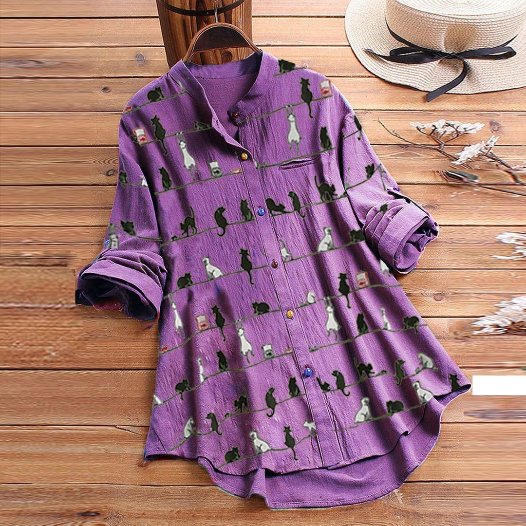 Light ladies' blouse with cat motif & button placket - Kaja-Violet-S-Nora Luxe