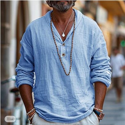 Light Linen Henley Shirt for Men – Jonas-Blue-S-Nora Luxe