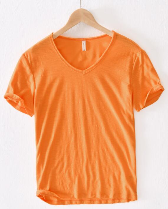 Light Linen V-Neck Shirt for Men – Breathable & Summery – Thilo-Orange-M-Nora Luxe