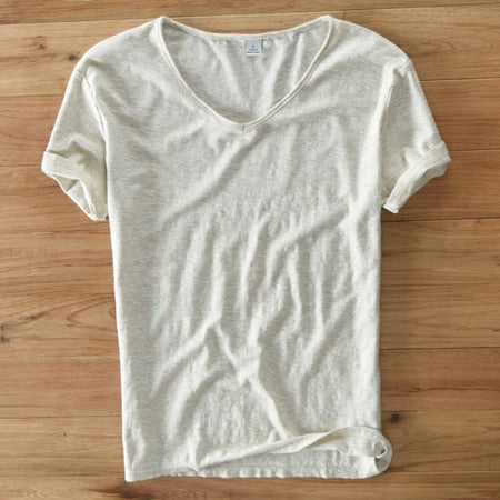 Light Linen V-Neck Shirt for Men – Breathable & Summery – Thilo-White-M-Nora Luxe