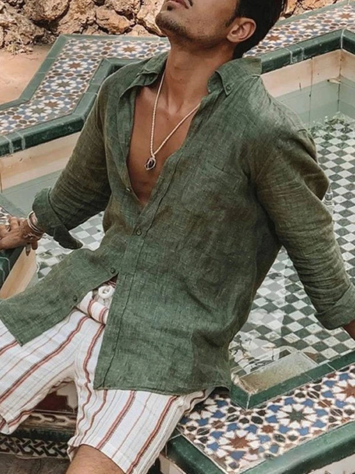 Light men's linen shirt with button placket – Fabio-Green-S-Nora Luxe