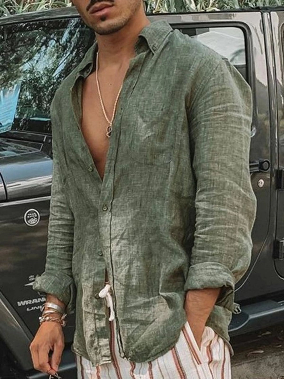 Light men's linen shirt with button placket – Fabio-Green-S-Nora Luxe