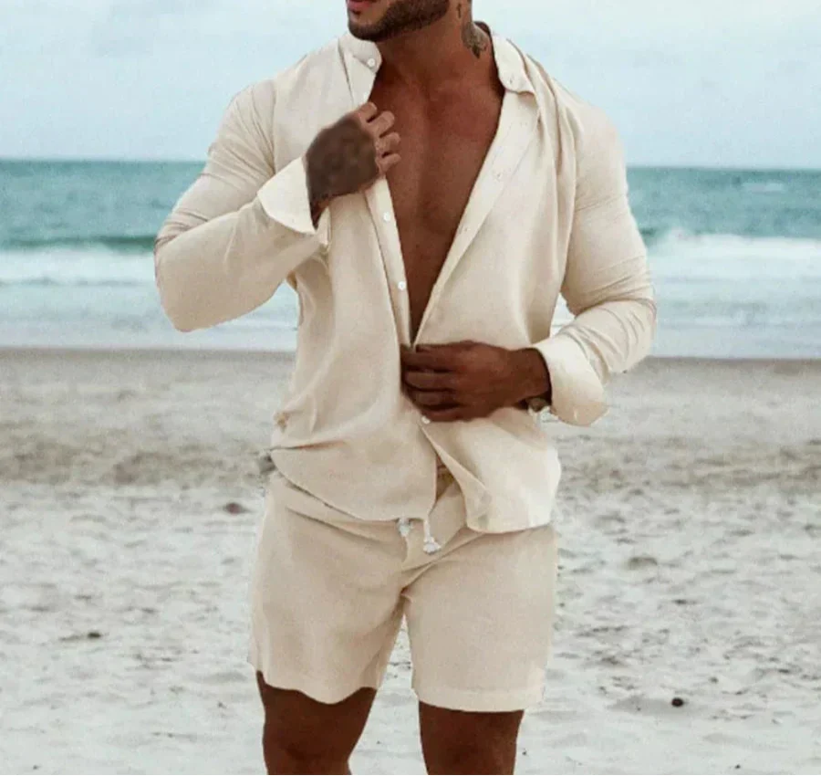 Light & Stylish 2-Piece Summer Set with Shirt & Shorts for Men – Marlo-Beige-S-Nora Luxe