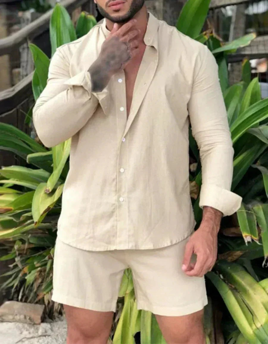 Light & Stylish 2-Piece Summer Set with Shirt & Shorts for Men – Marlo-Beige-S-Nora Luxe