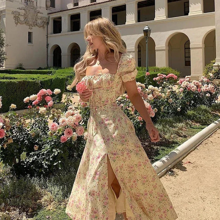 Light & Stylish Summer Dress with Floral Print and Puff Sleeves - Elina-S-Nora Luxe