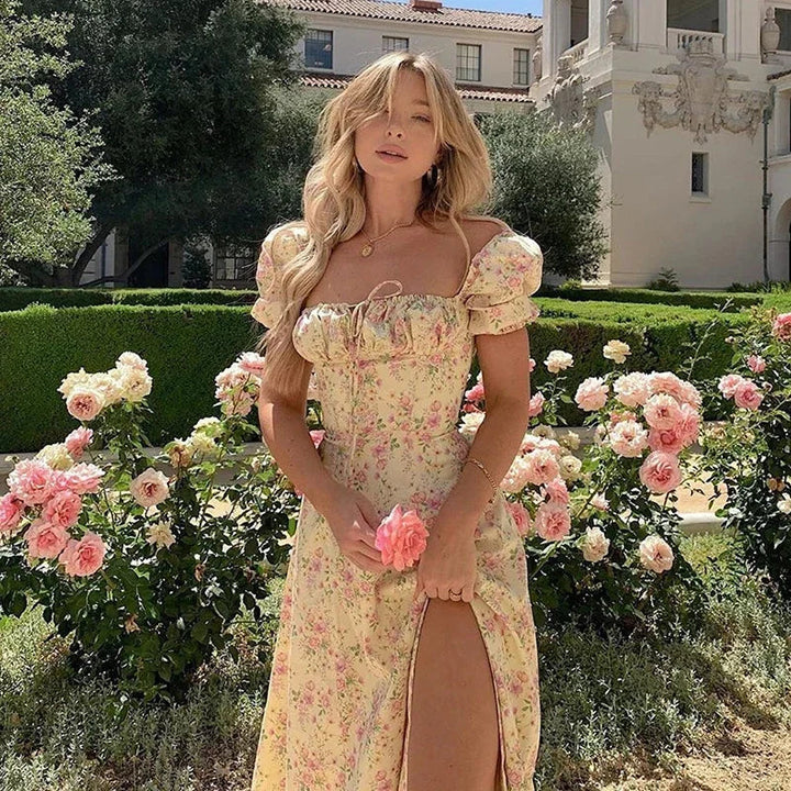 Light & Stylish Summer Dress with Floral Print and Puff Sleeves - Elina-S-Nora Luxe