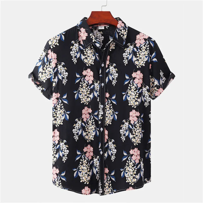 Light & Stylish Tropical Shirt with Floral Pattern for Men – Mateo-Black-Pink-S-Nora Luxe