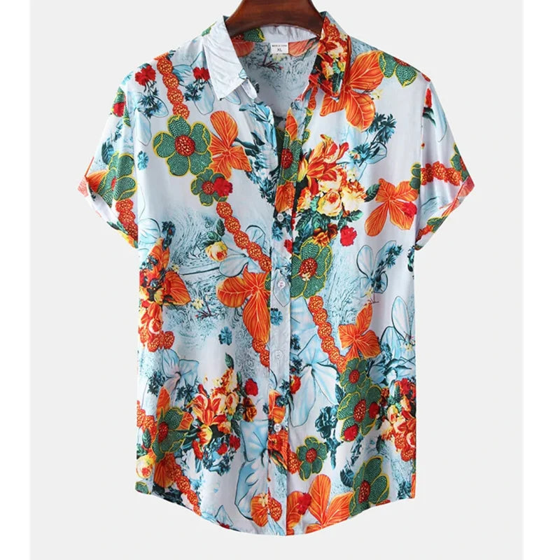 Light & Stylish Tropical Shirt with Floral Pattern for Men – Mateo-Blue-Orange-S-Nora Luxe