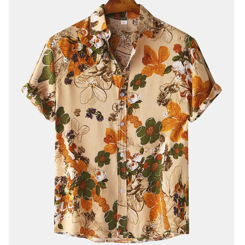 Light & Stylish Tropical Shirt with Floral Pattern for Men – Mateo-Brown-Orange-S-Nora Luxe
