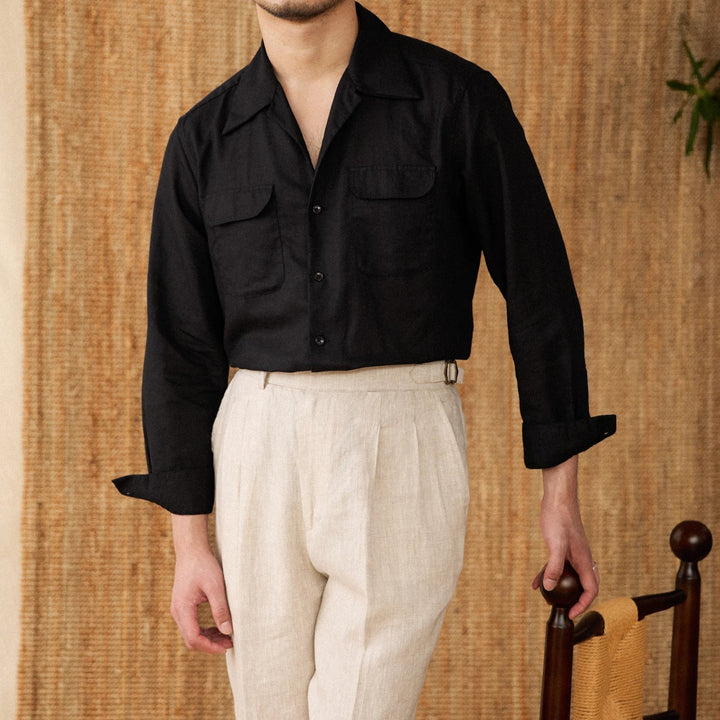 Lightweight men's shirt made of linen with Cuban collar and long sleeves – Mateo-Black-S-Nora Luxe