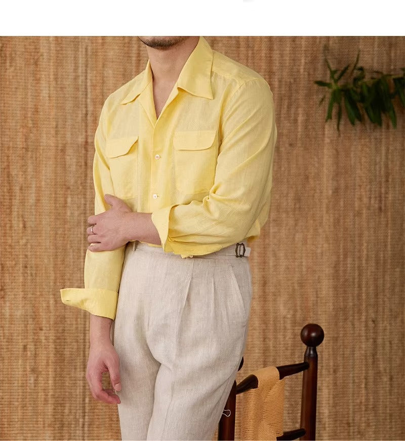 Lightweight men's shirt made of linen with Cuban collar and long sleeves – Mateo-Brown-S-Nora Luxe