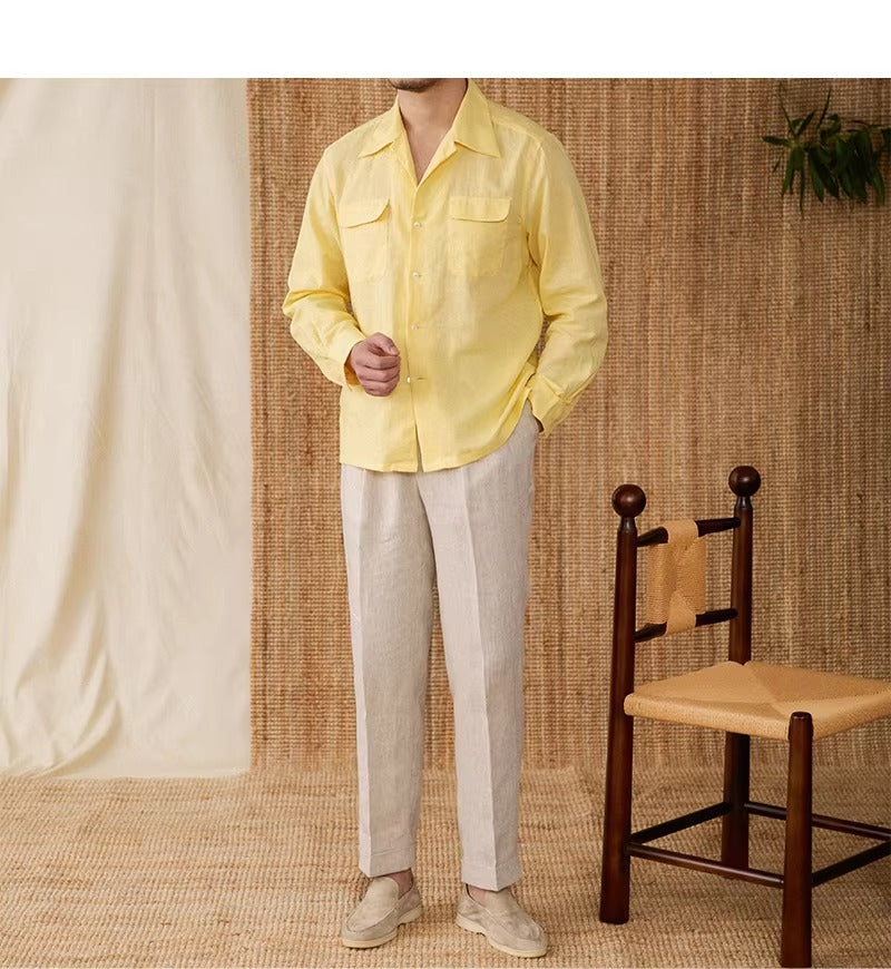 Lightweight men's shirt made of linen with Cuban collar and long sleeves – Mateo-Brown-S-Nora Luxe